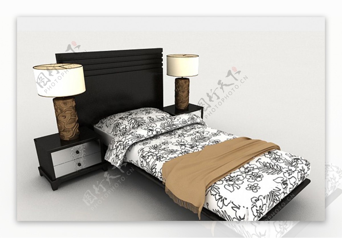 新中式风格单人床3d模型下载