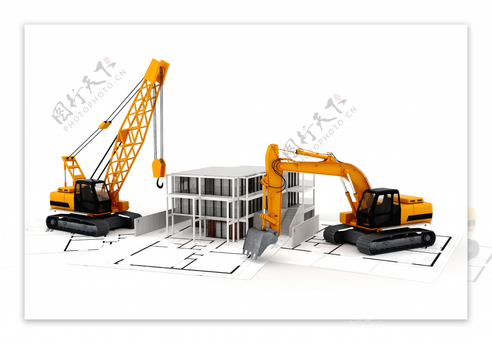 挖掘机与建筑模型