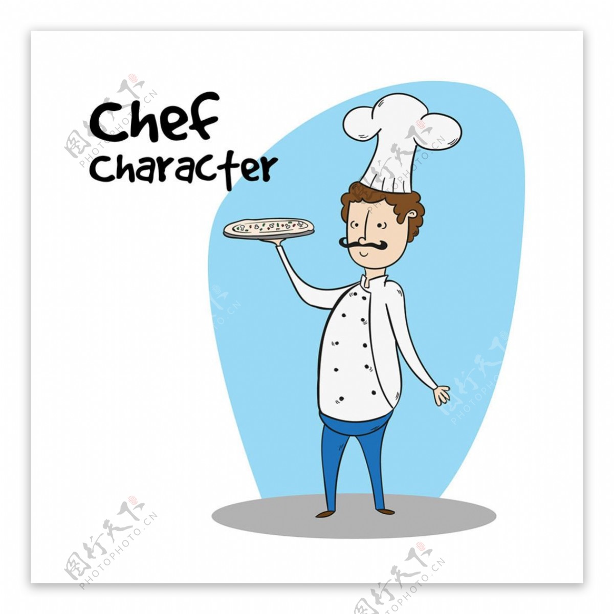 手绘厨师角色与披萨蓝色背景