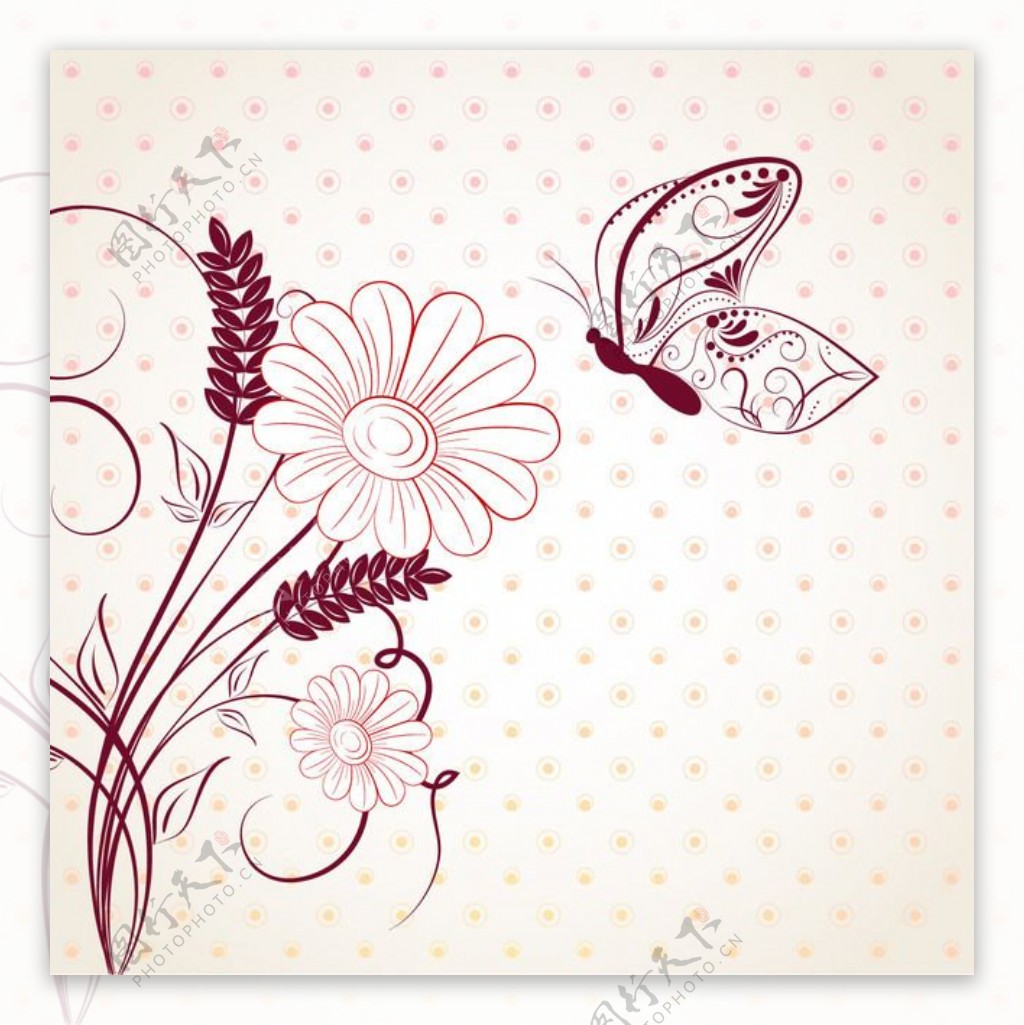 圆形图案与抽象花卉蝴蝶