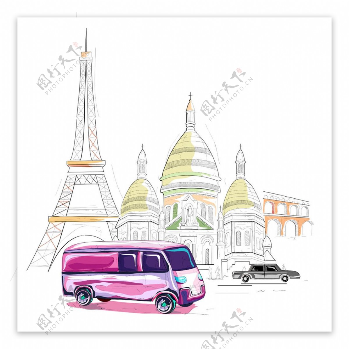 巴黎铁塔和旅游巴士图片