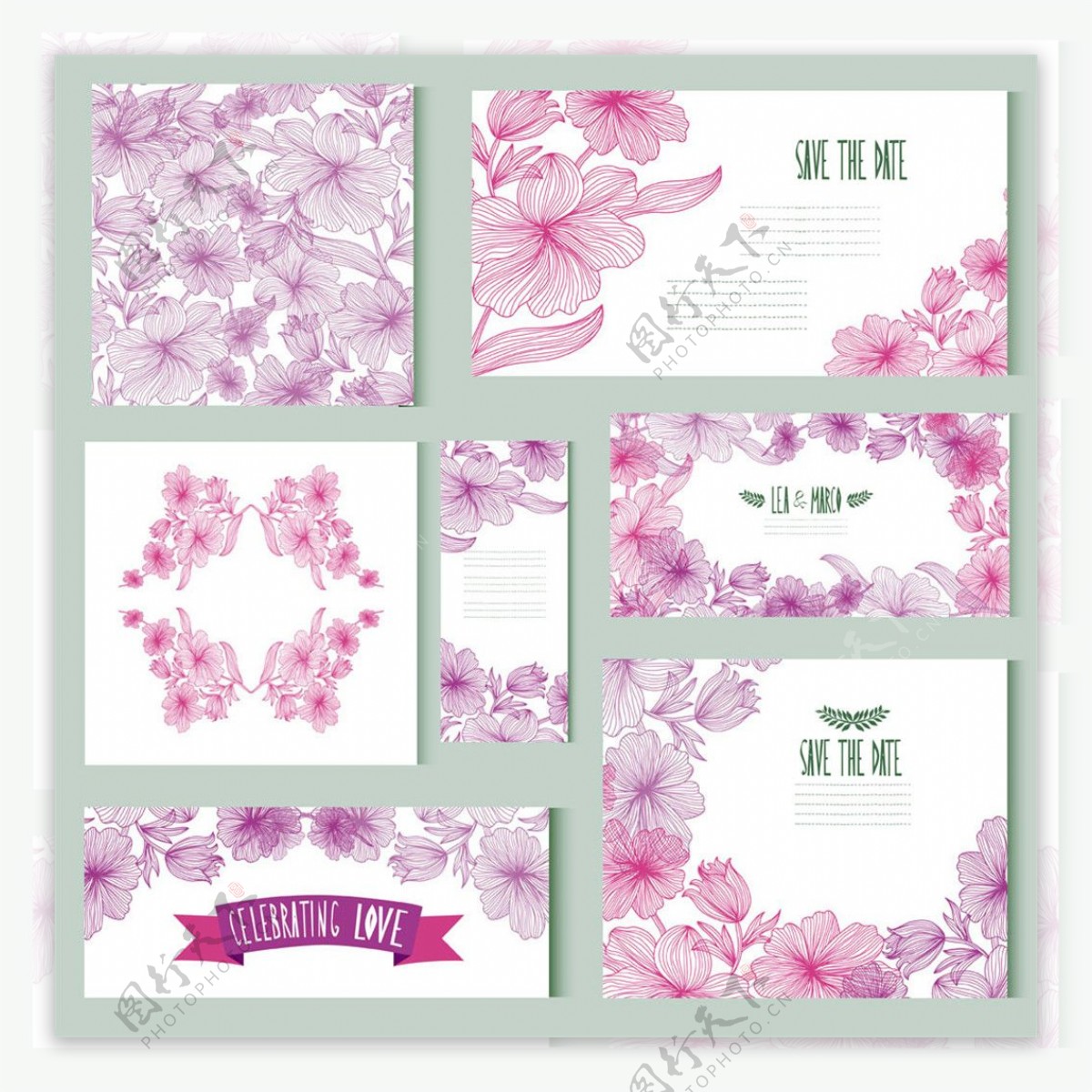 粉色花卉婚礼卡片图片