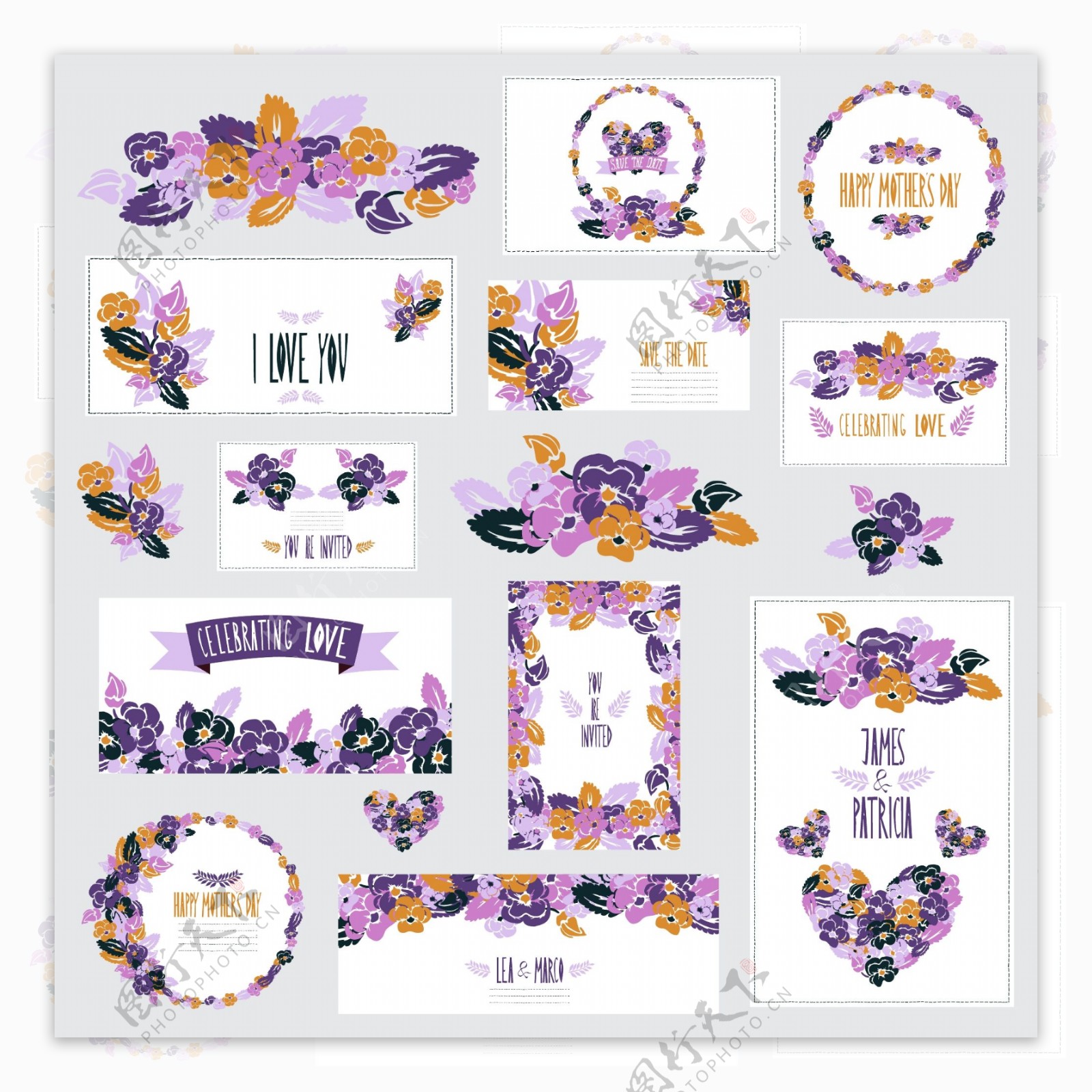 紫色植物花朵婚礼卡片模板下载
