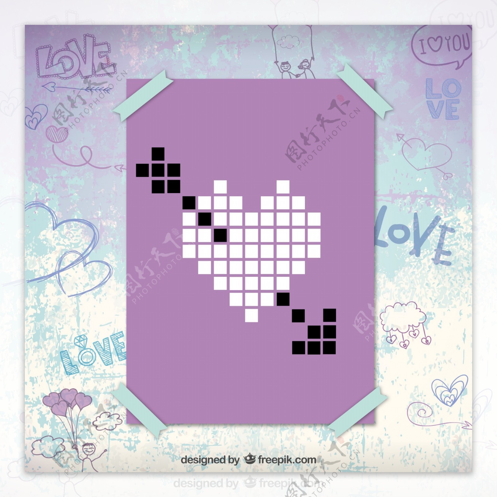 紫色像素风格爱心卡片矢量素材