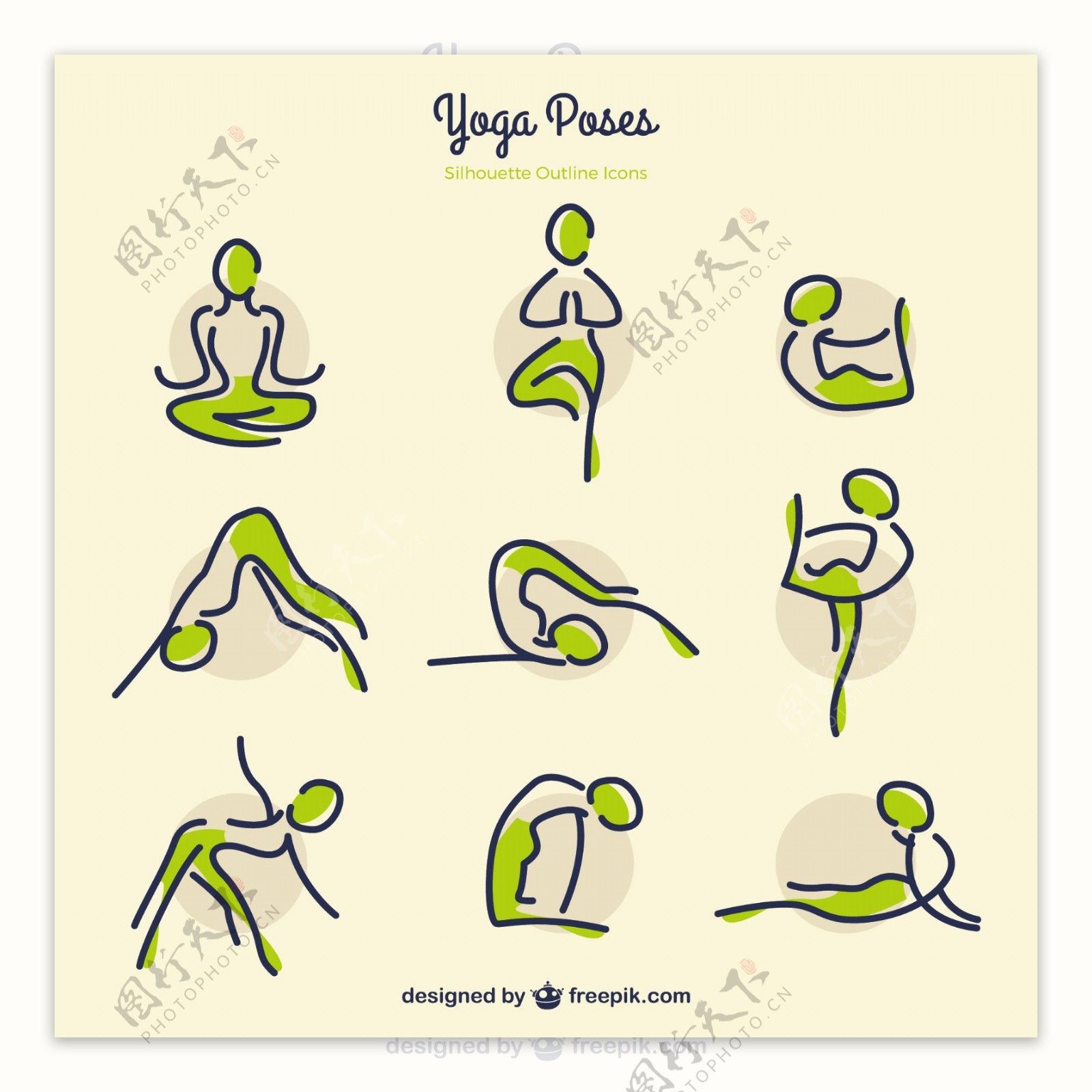 素描瑜伽姿势与绿色细节