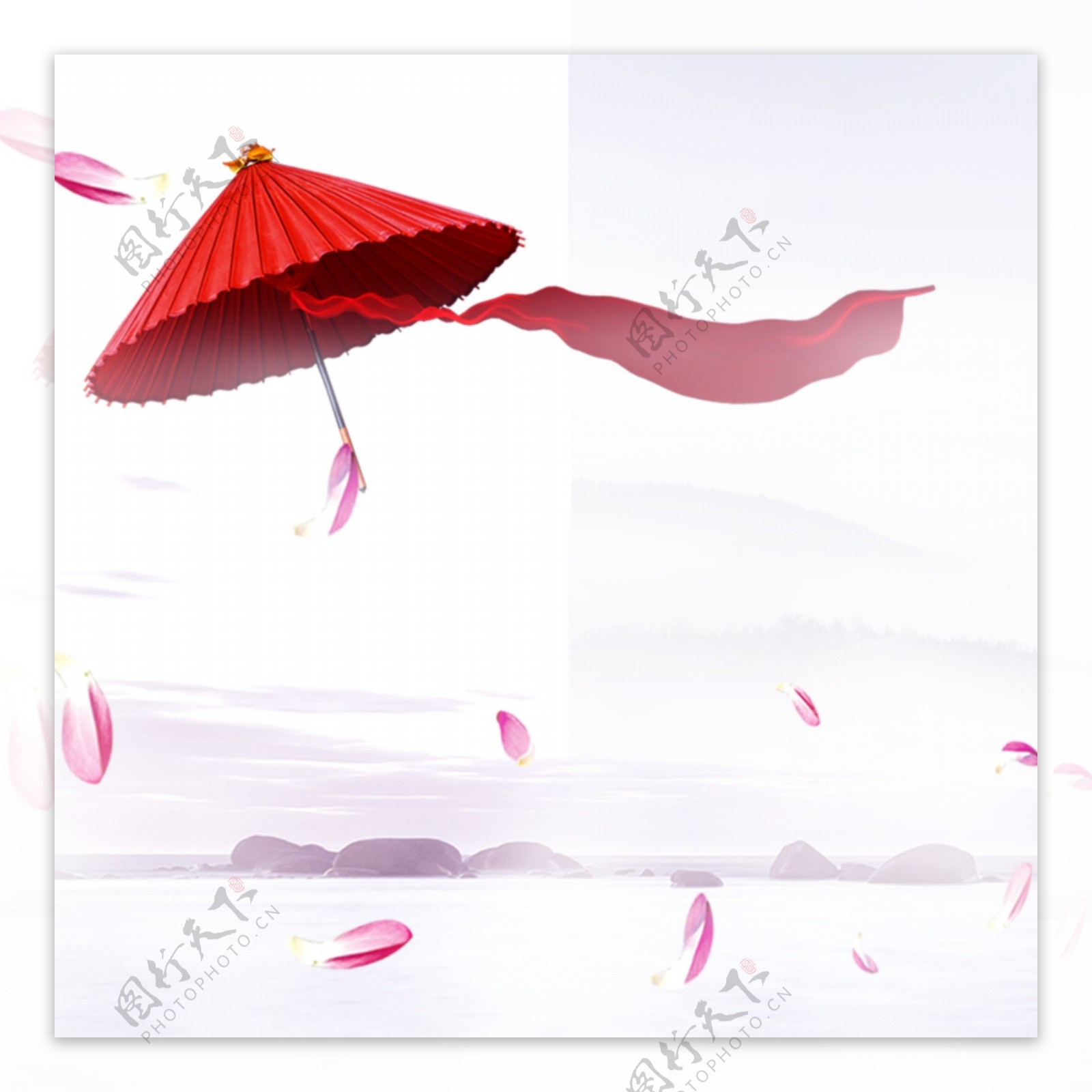 浪漫梦幻花瓣丝带雨伞背景