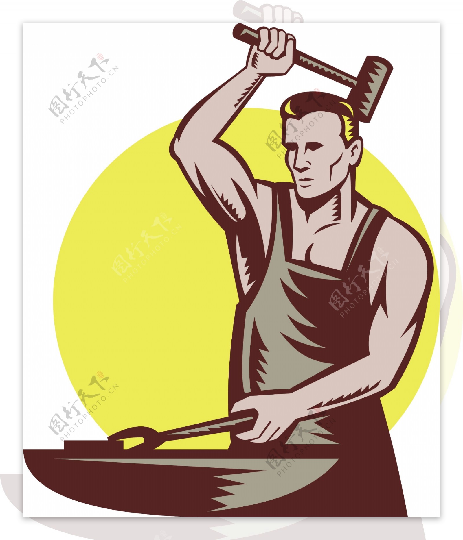 铁匠工人用锤子和铁砧