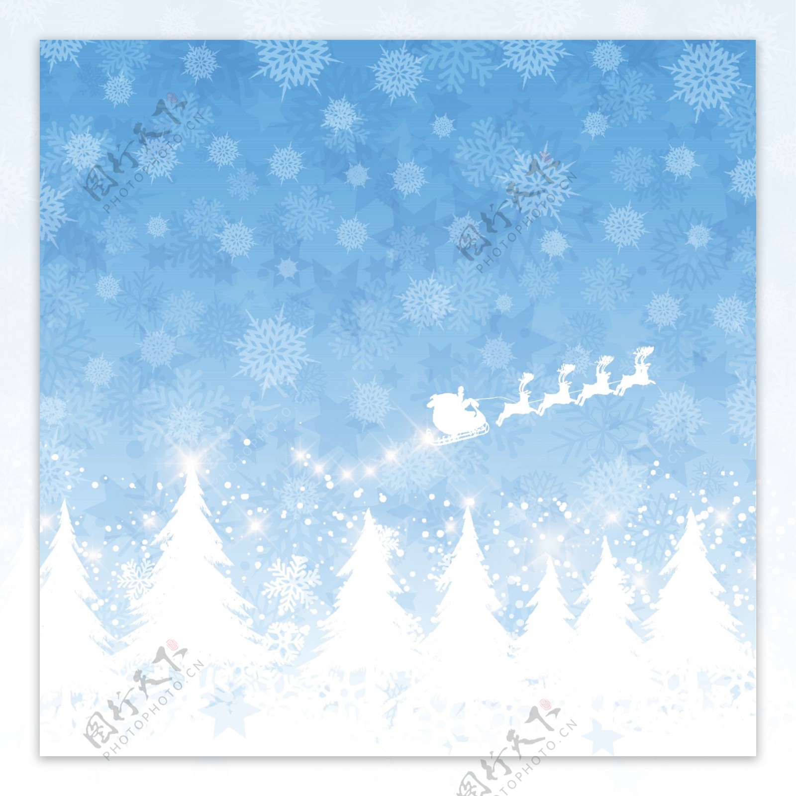 圣诞老人克劳斯在一个雪橇飞行的蓝色背景