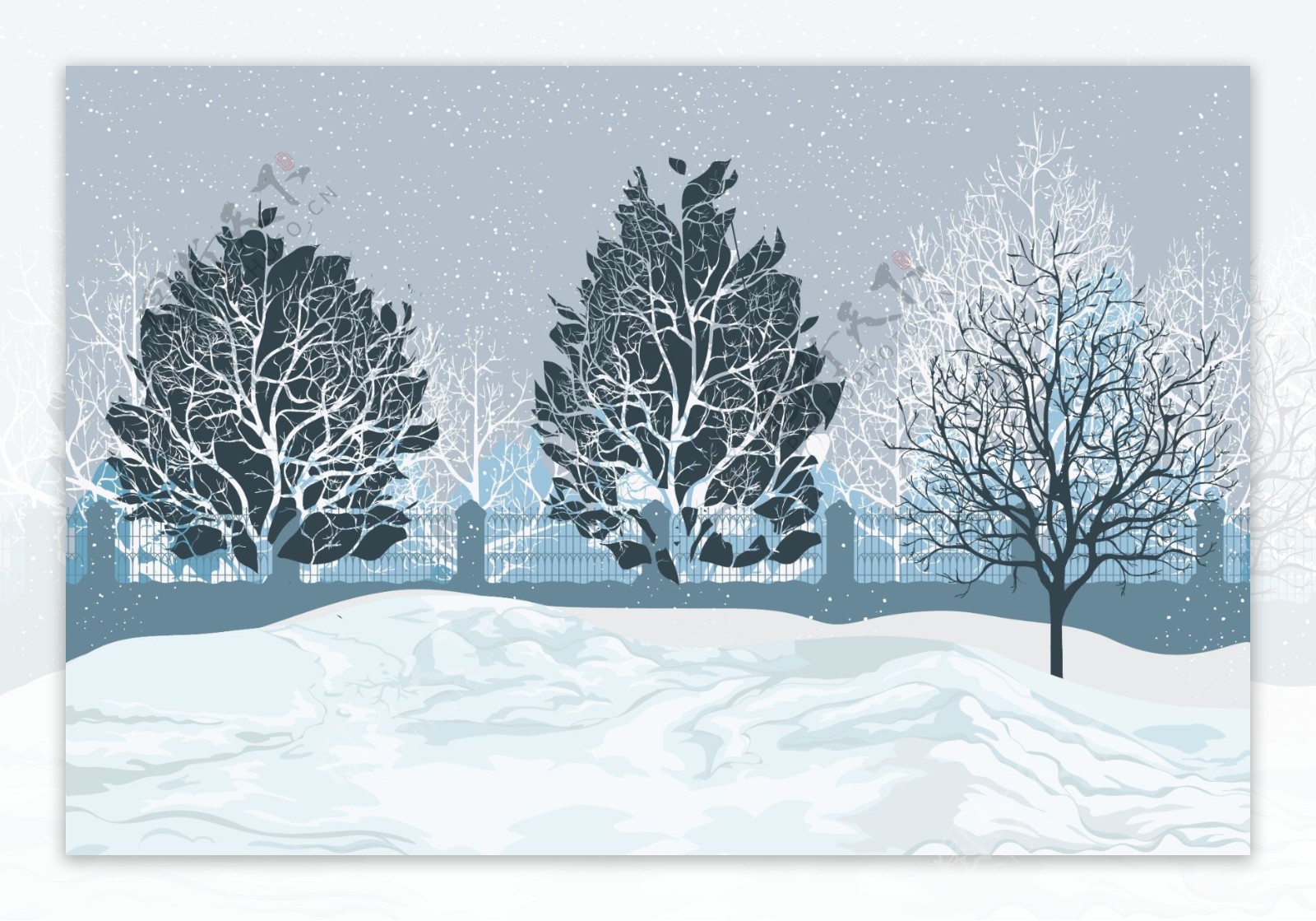 大雪里的树木插画