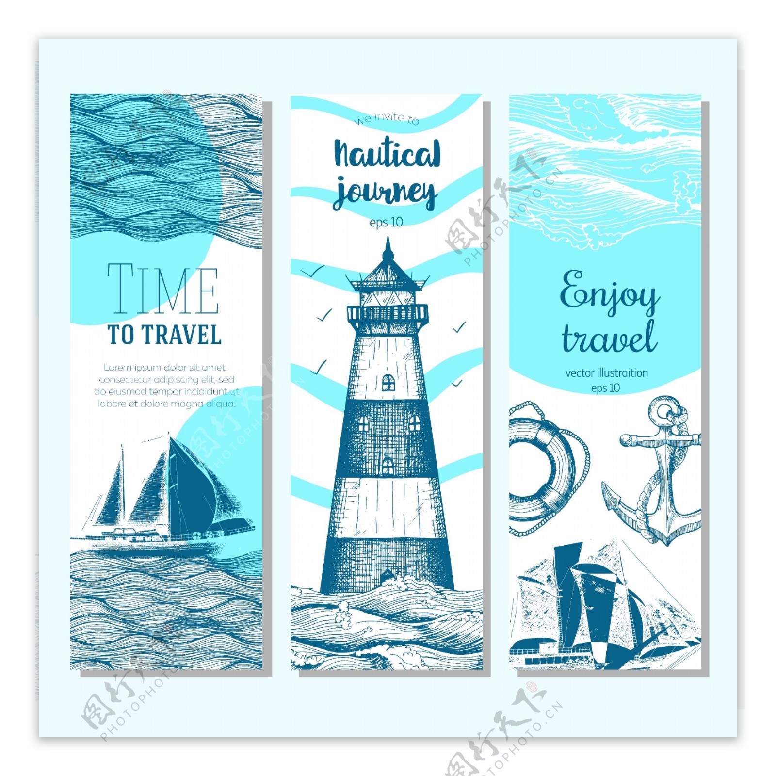 海面上的帆船和灯塔插画