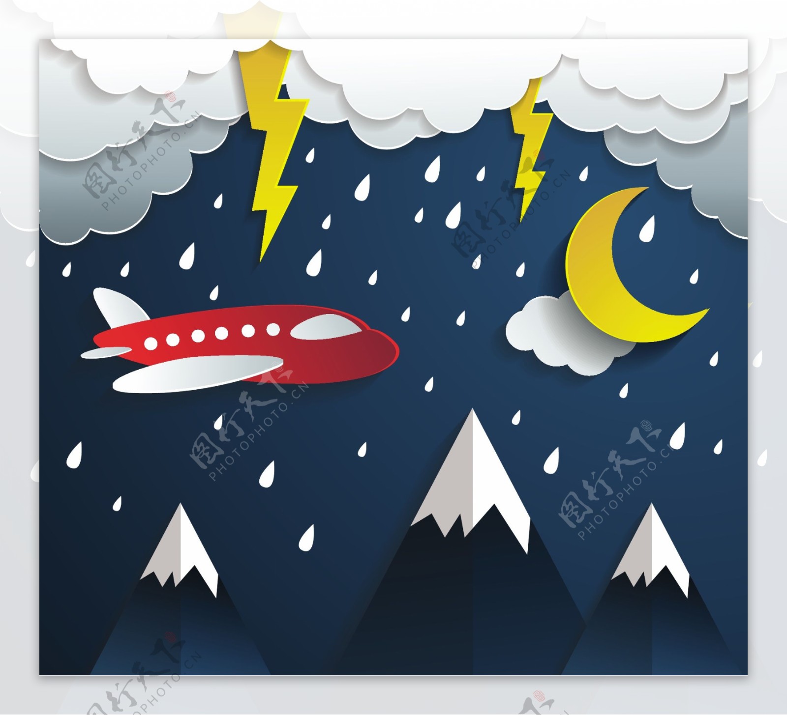 卡通夜晚在雨中飞行的飞机矢量素材