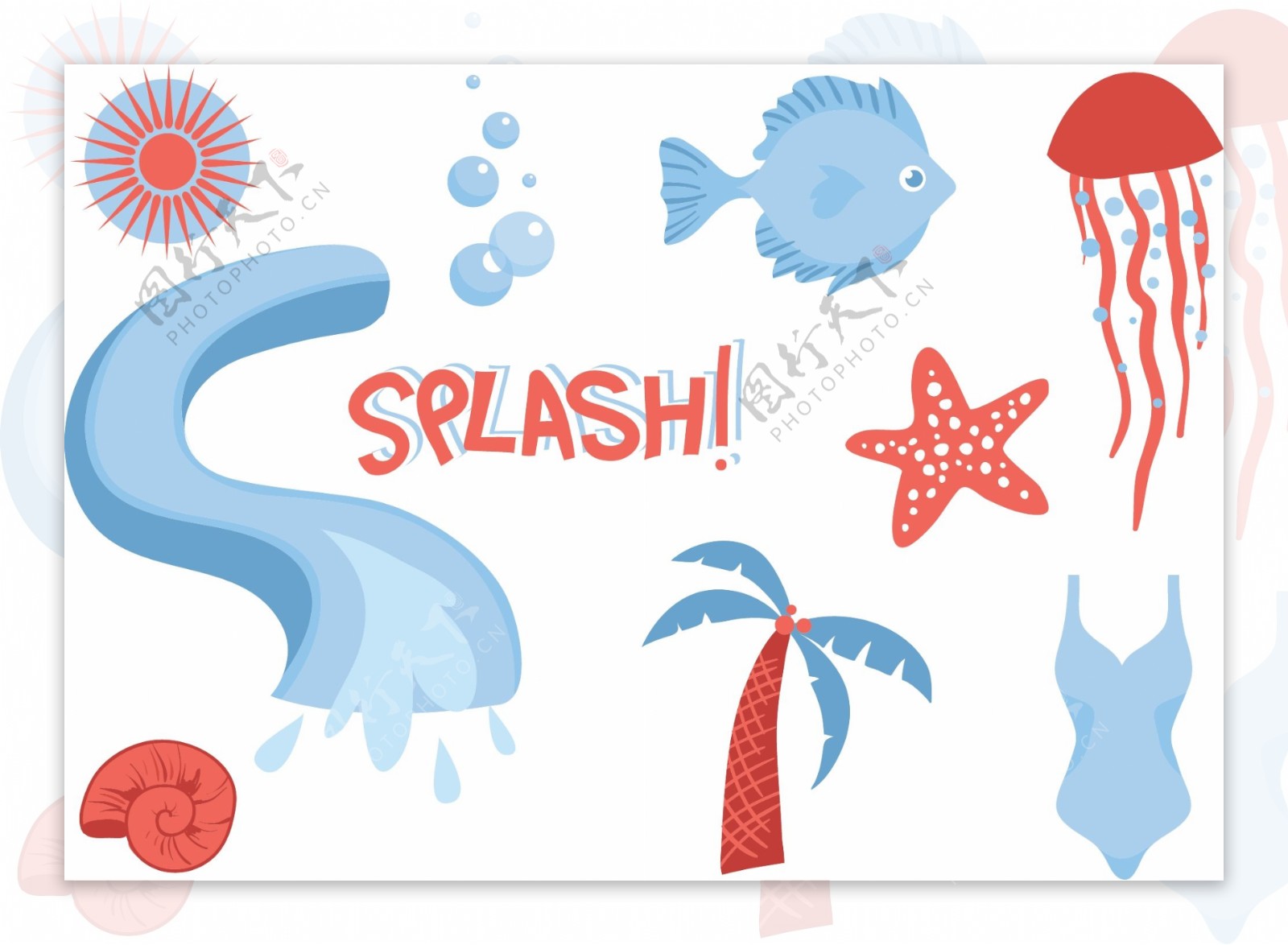 夏季夏日海底世界动植物蓝色海滨风景图标