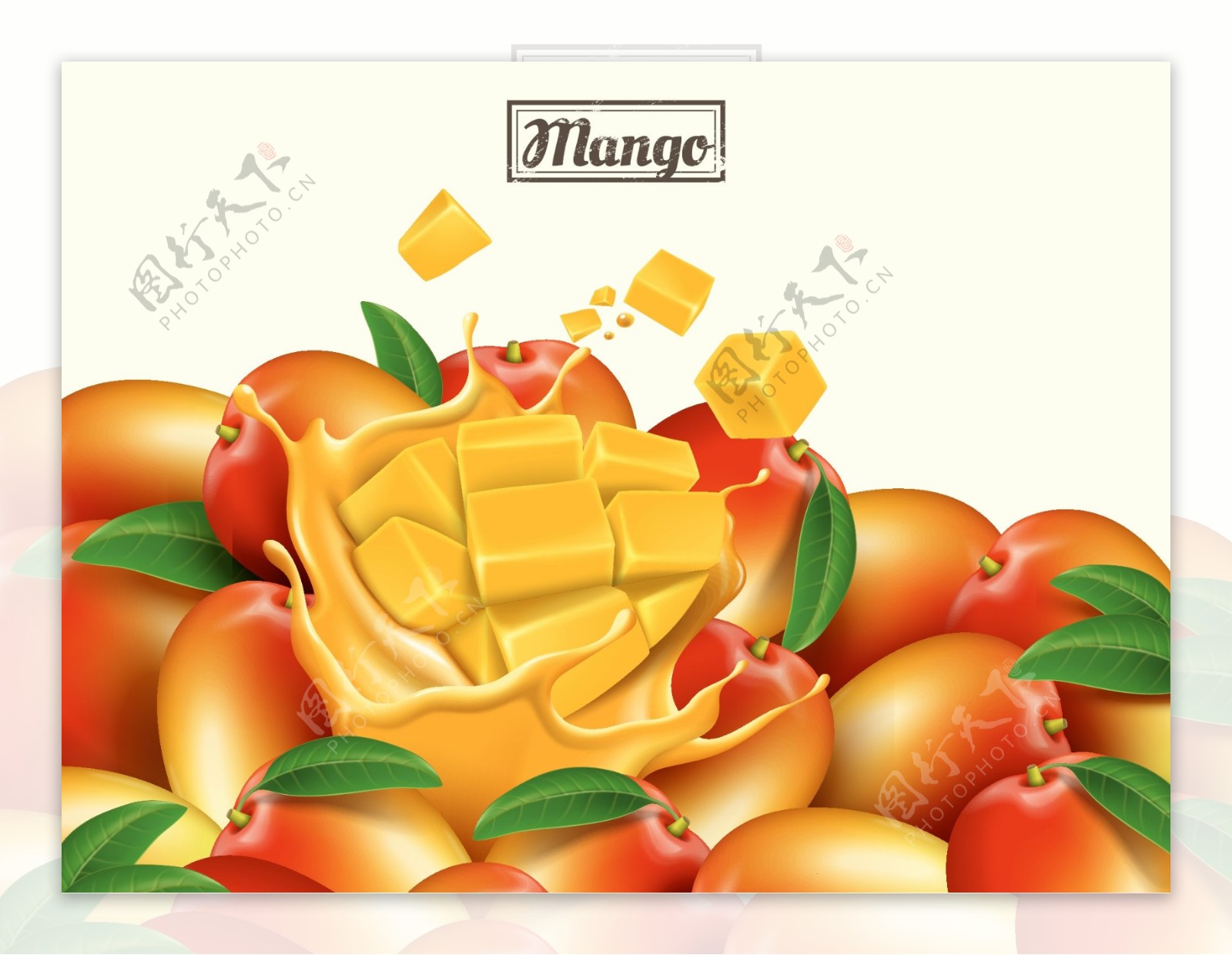 热带芒果和芒果汁插画