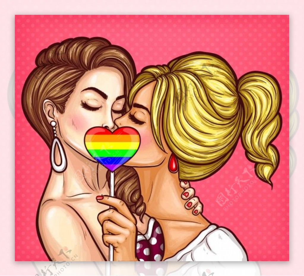 矢量流行艺术女同性恋夫妇亲吻和覆盖他们的嘴唇上的标志在一个彩虹心的形式