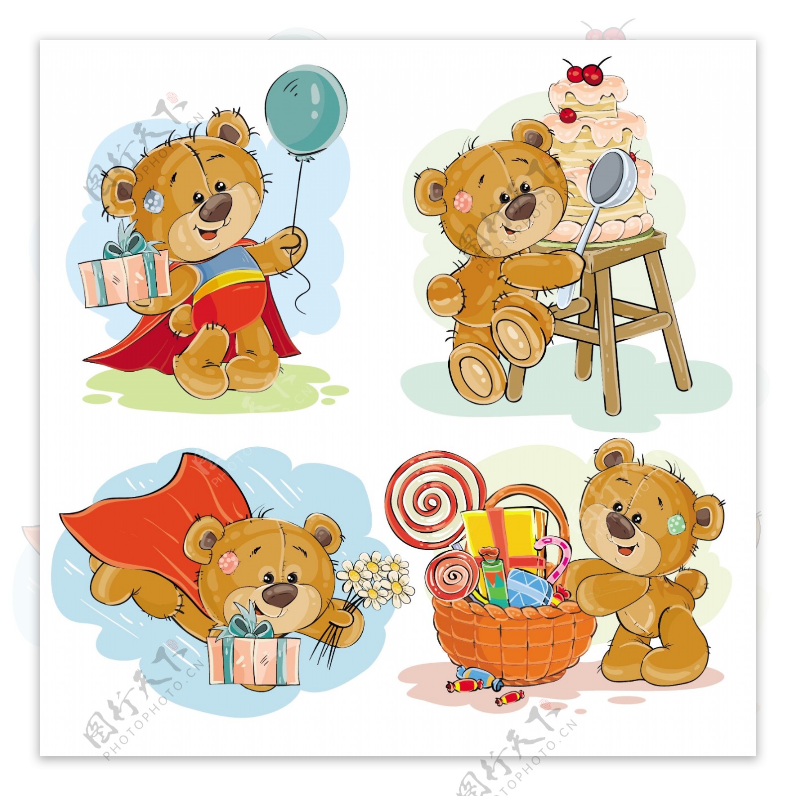 集矢量剪贴画插图的棕色的泰迪熊祝你生日快乐