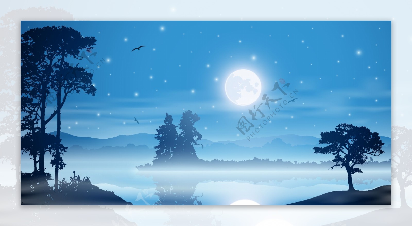 浪漫的湖面夜景插画