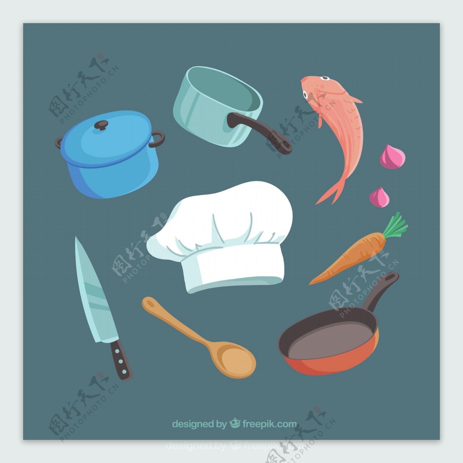 厨师帽包食材和烹饪用具