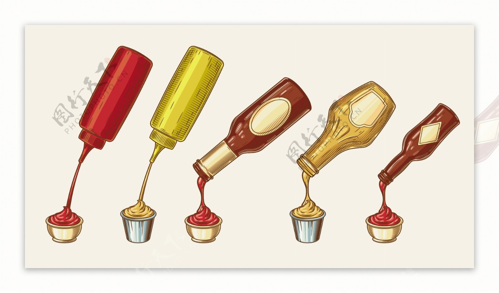 矢量雕刻风格设置不同的酱料的插图是从瓶到碗里倒