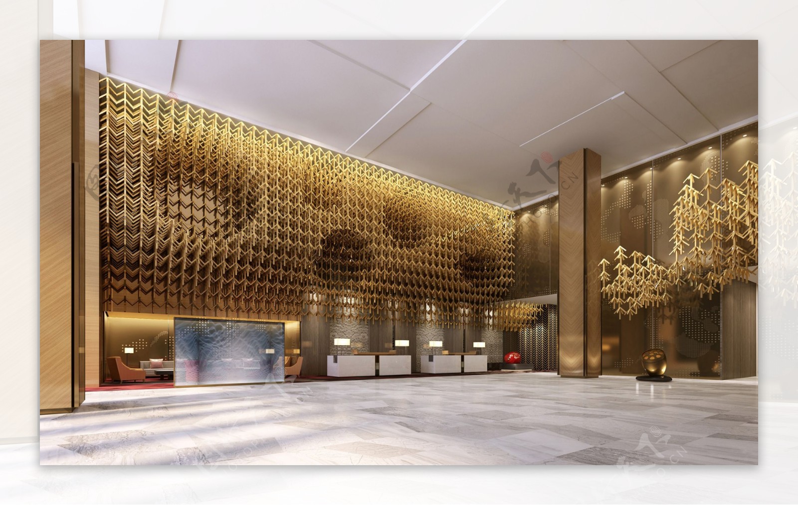 现代时尚奢华酒店前台金色背景墙工装装修图