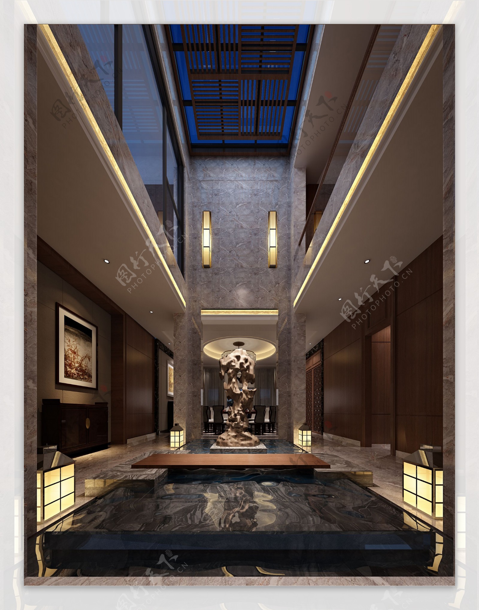 现代时尚蓝色天花板酒店大厅工装装修效果图