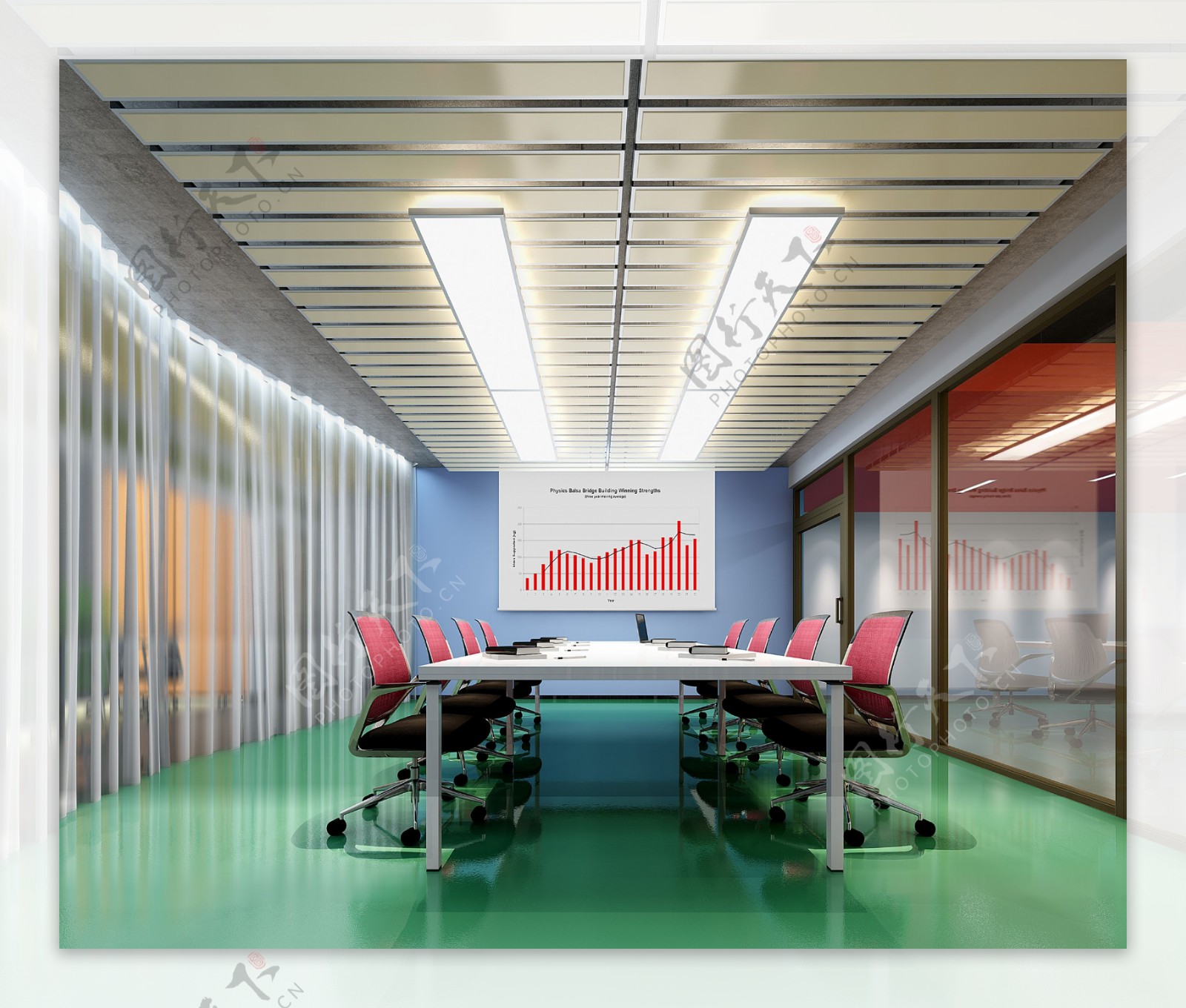 现代时尚办公室绿色地板工装装修效果图