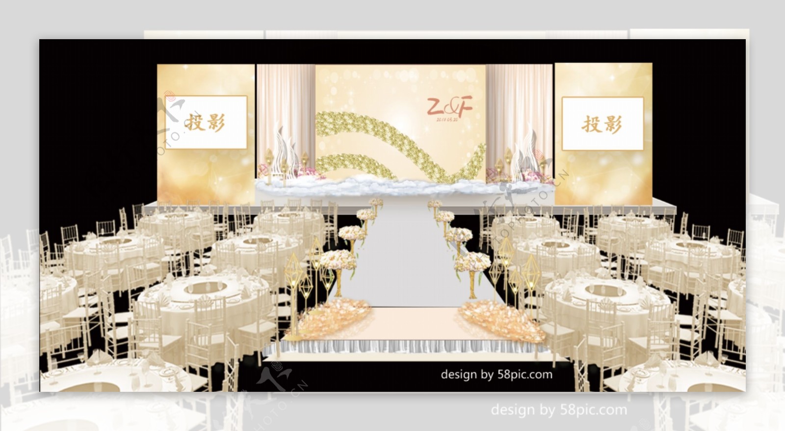 室内设计香槟色婚礼舞台psd效果图