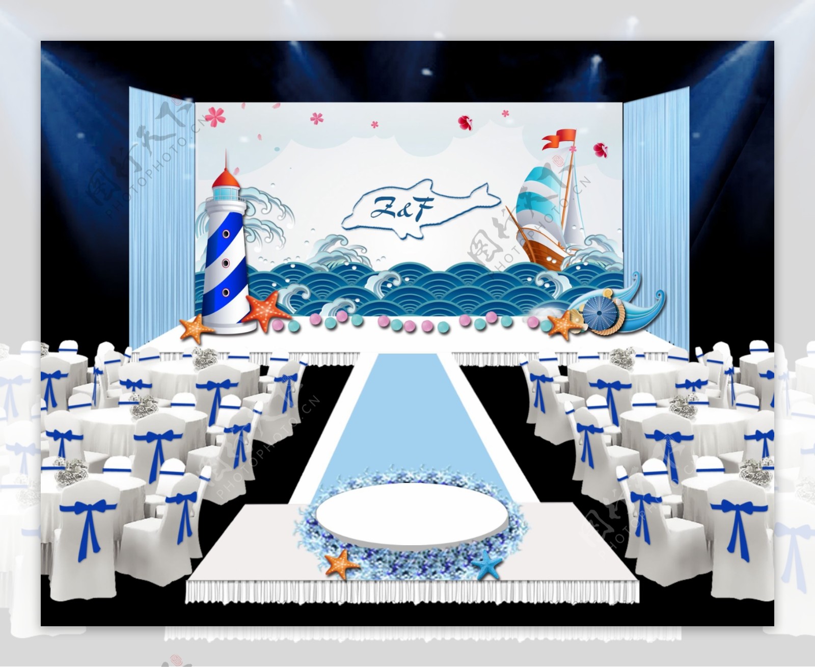 蓝色海洋婚礼效果图海洋鲸鱼海豚婚礼背景设计素材|空间|舞台美术|百川婚礼手绘 - 原创作品 - 站酷 (ZCOOL)