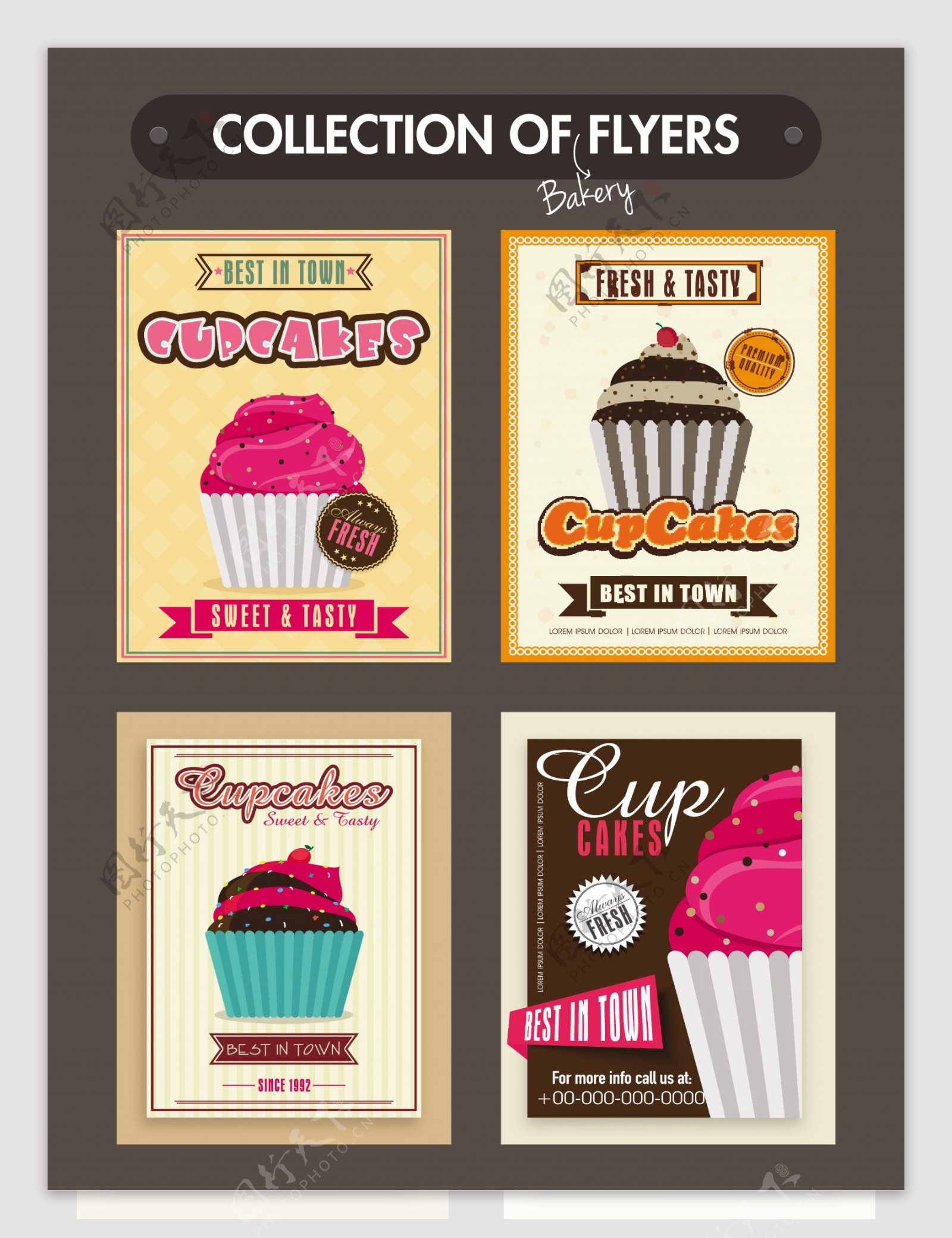 收集面包传单模板或菜单卡设计甜甜纸杯蛋糕插图