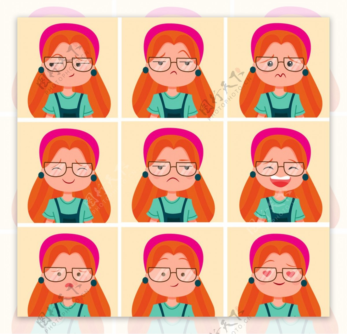 9款橙色头发女子表情头像