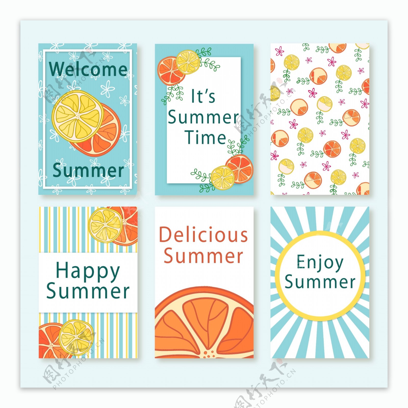 6款彩绘夏季柠檬片卡片矢量图