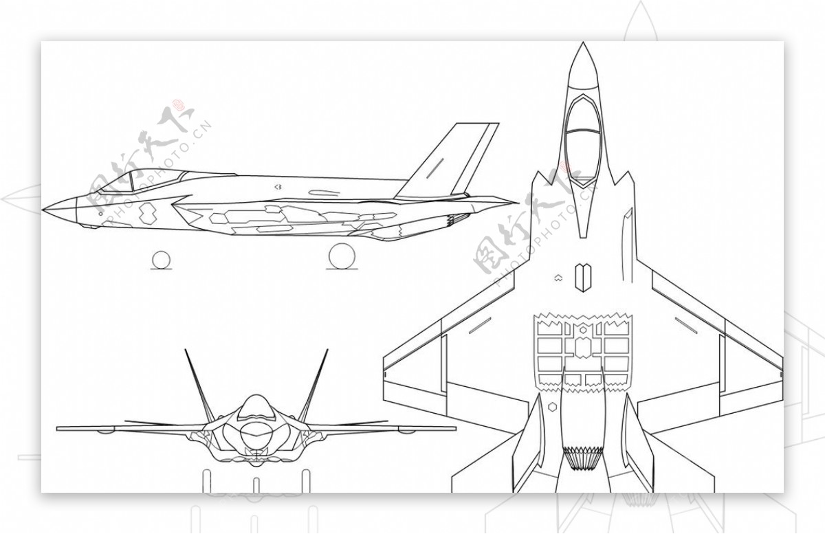 隐身战机F35C矢量三视图线稿