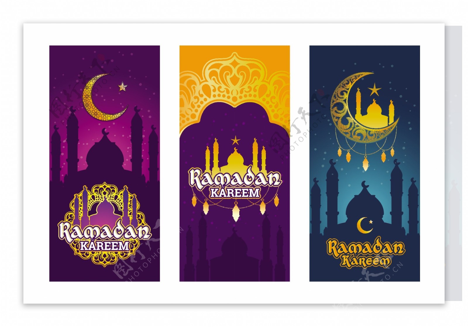 收集带有斋月元素的RamadanKareem矢量彩色横幅