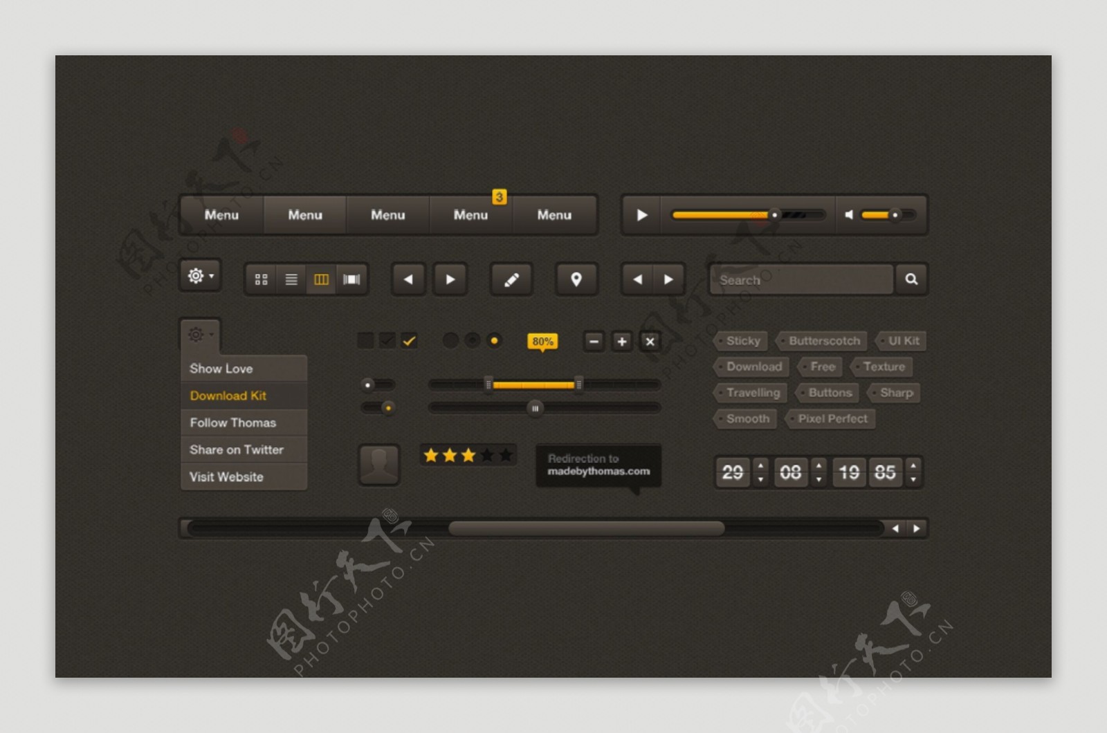 棕色网页导航音乐播放器下拉框滑块按钮素材