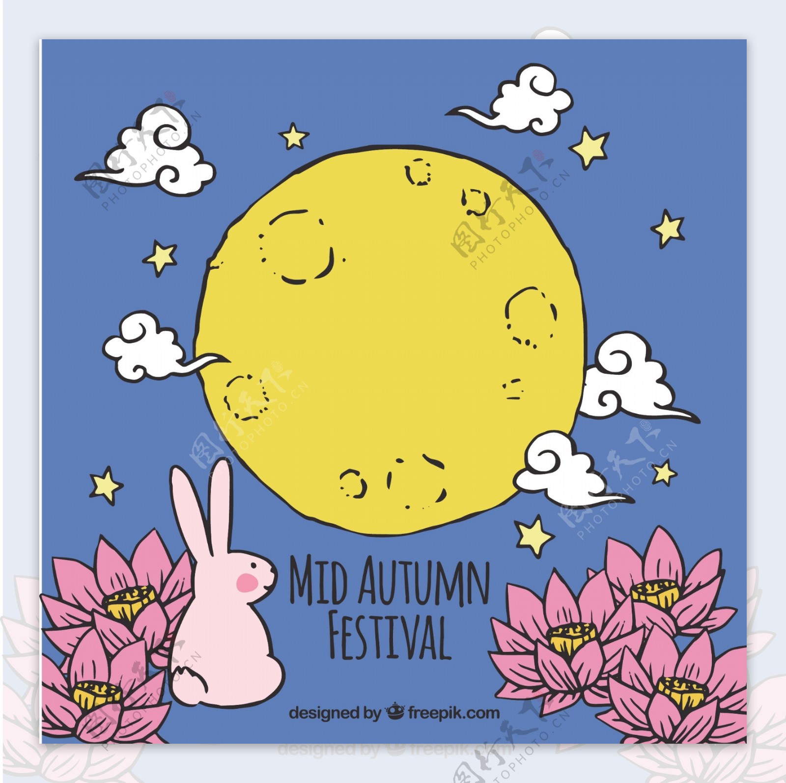 蓝色的背景一只兔子和一个黄色的月亮中秋节