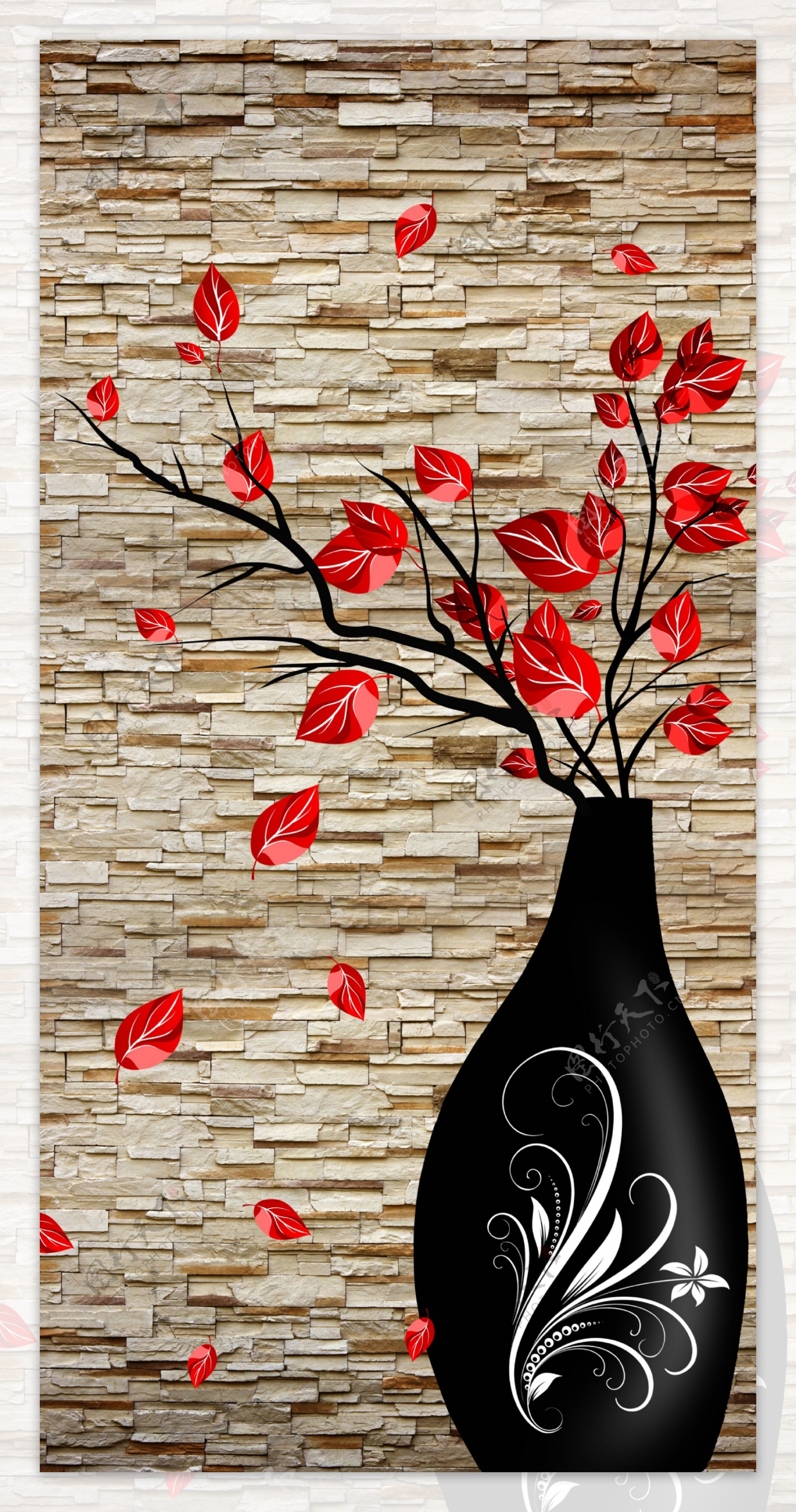 红叶花瓶简洁大气背景墙
