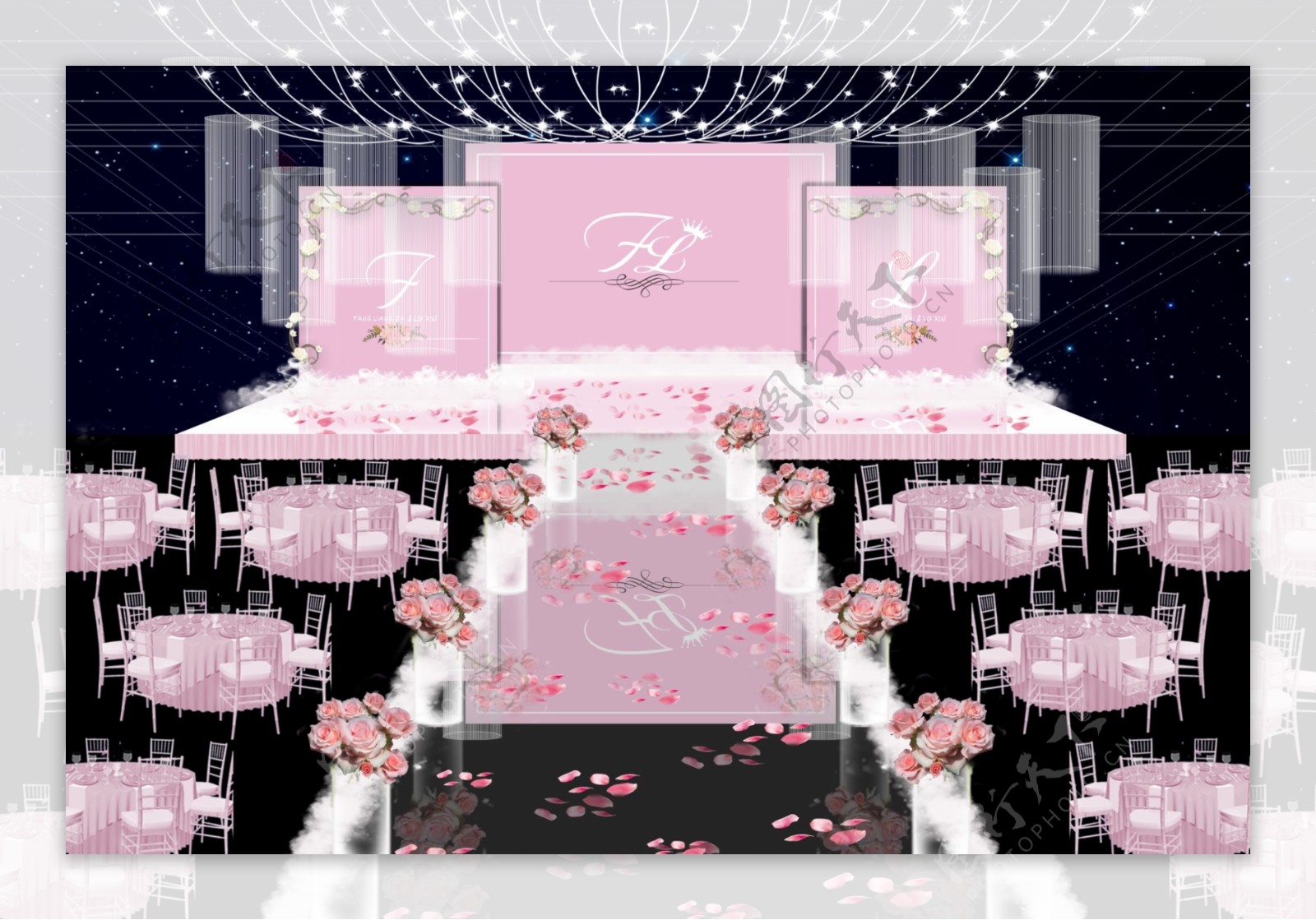 粉色婚礼舞台布置效果图