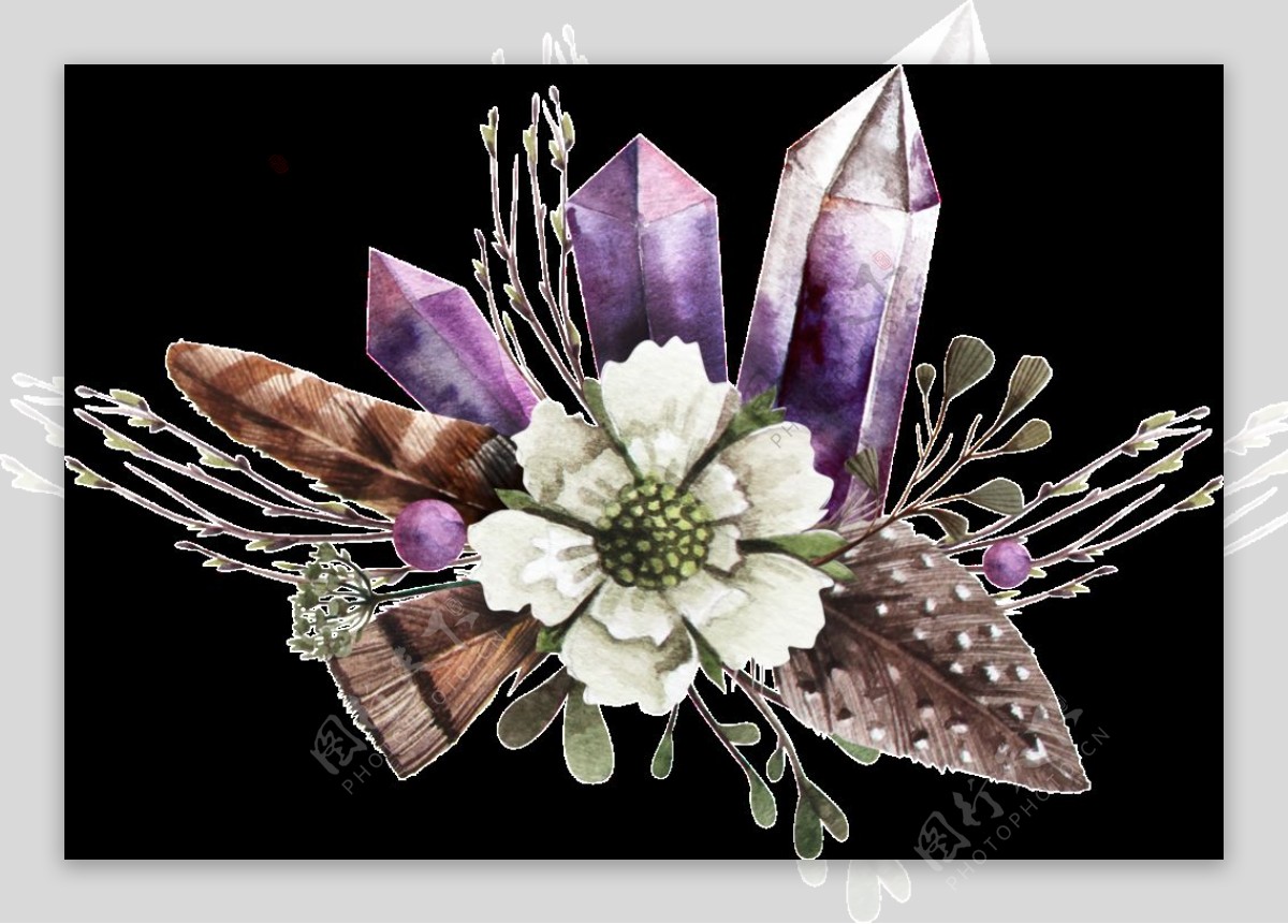 手绘紫水晶配白色花透明装饰图案