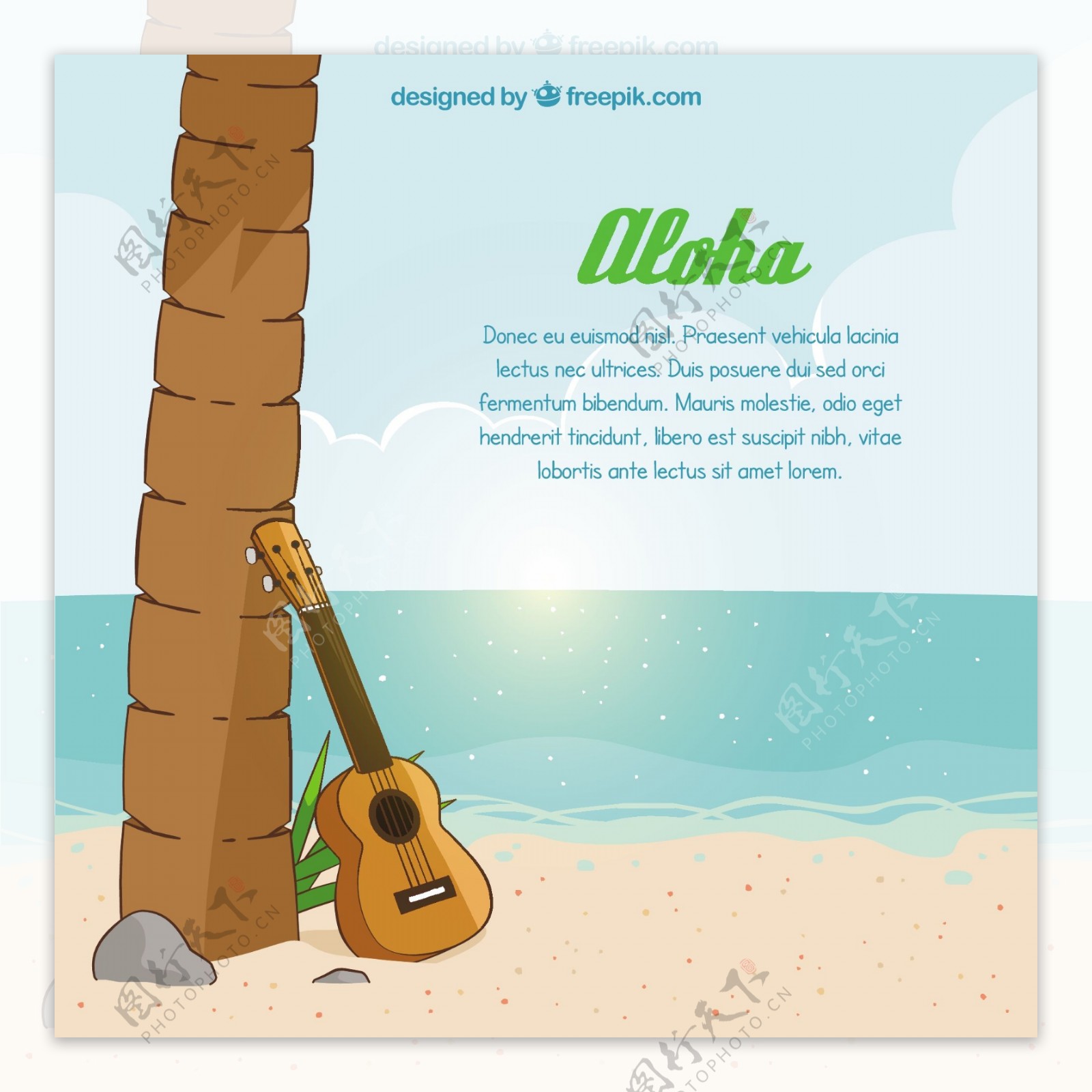 海滩背景的吉他和棕榈树