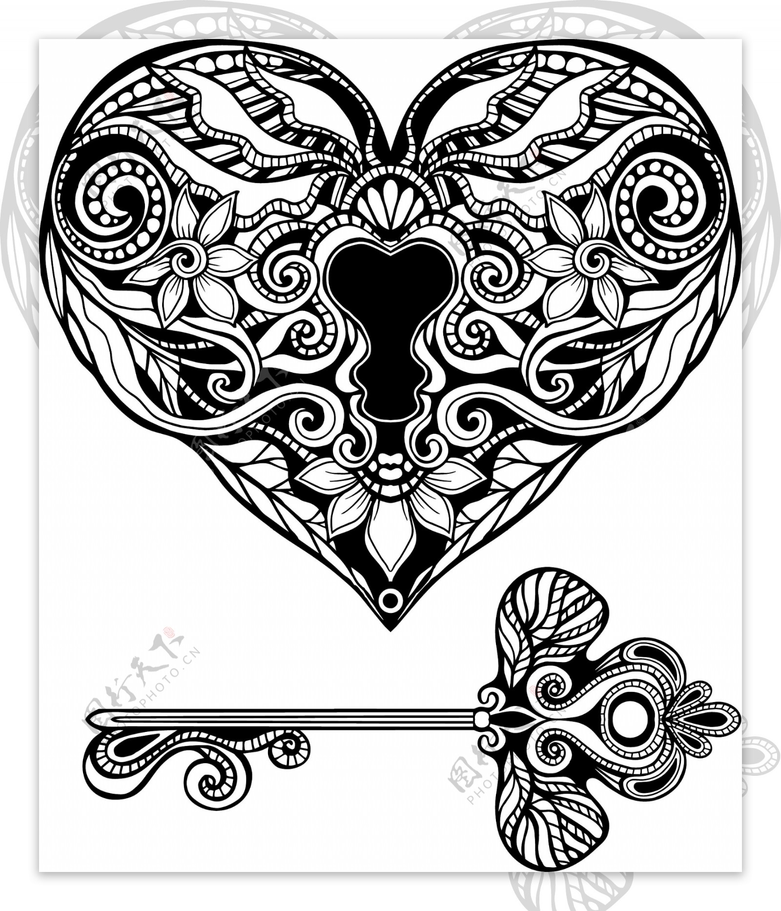 黑白艺术爱心锁和钥匙插画
