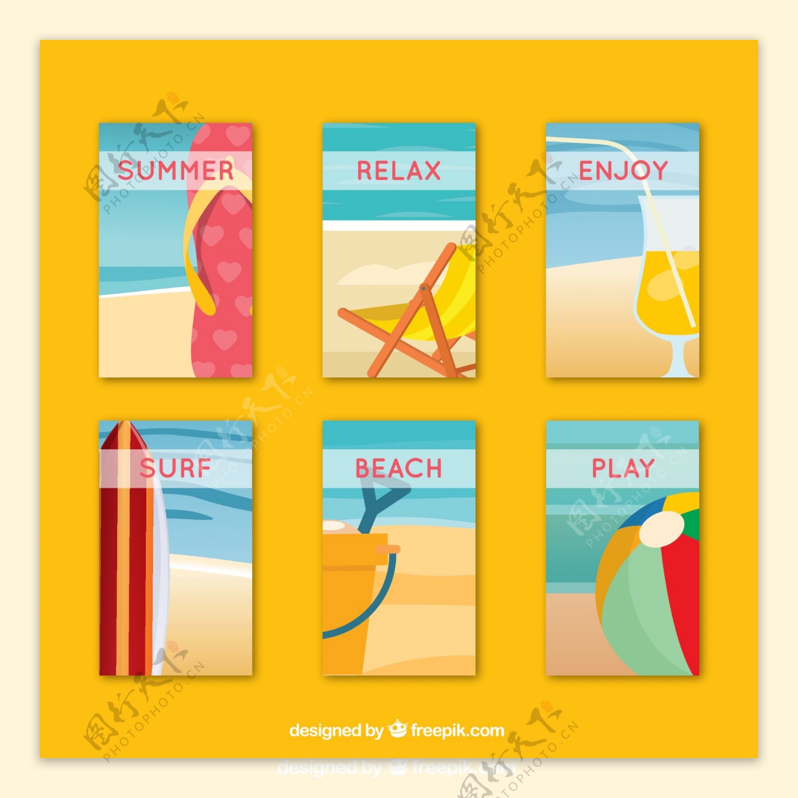 6款彩色夏季度假卡片矢量