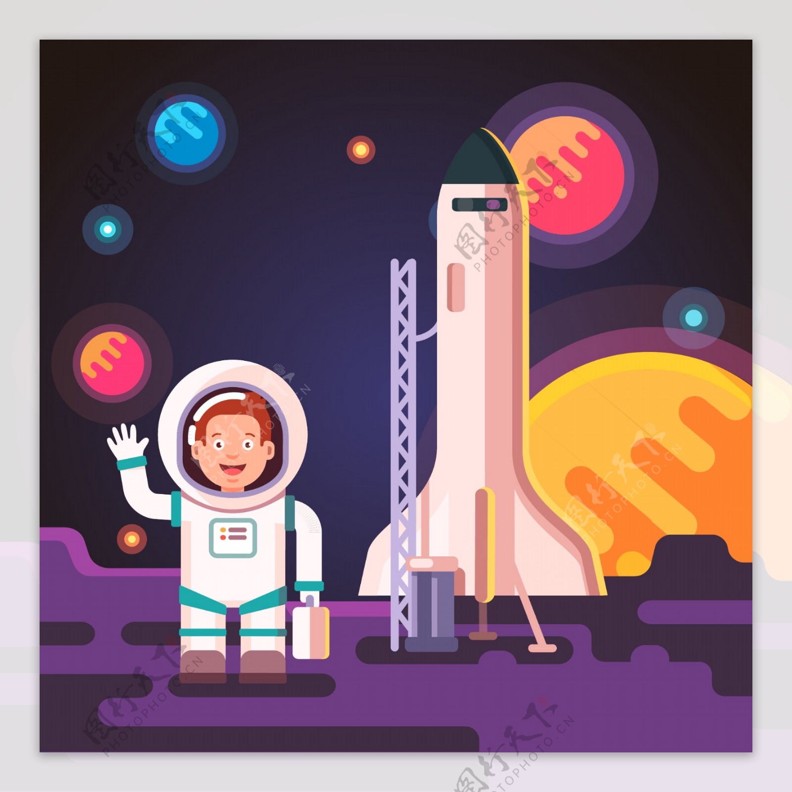 卡通宇航员与火箭矢量插画背景