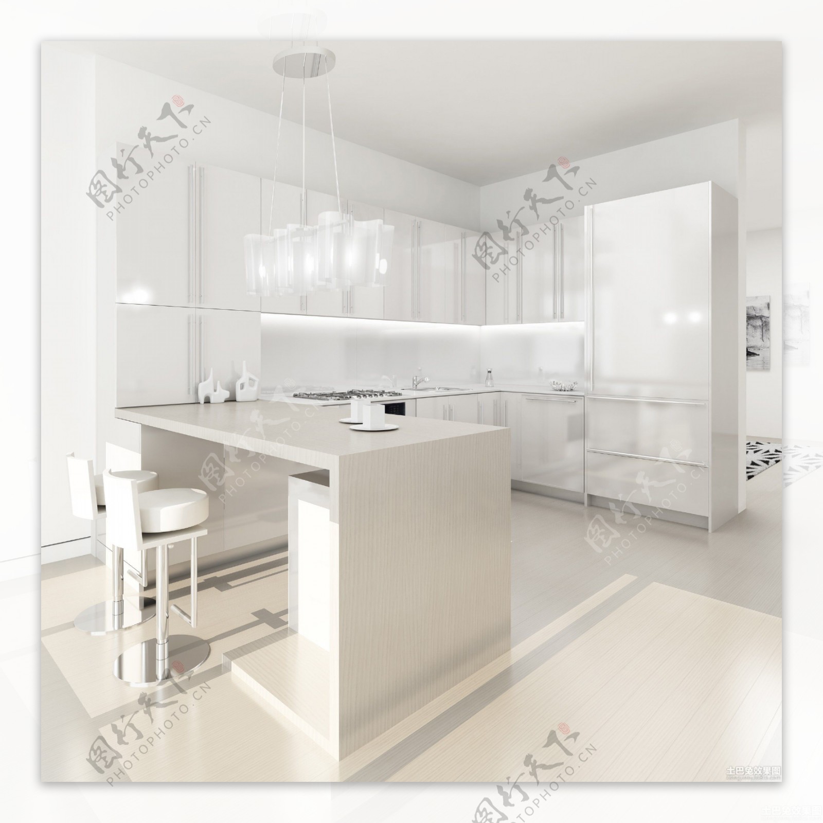 现代简约风室内设计白色调厨房效果图