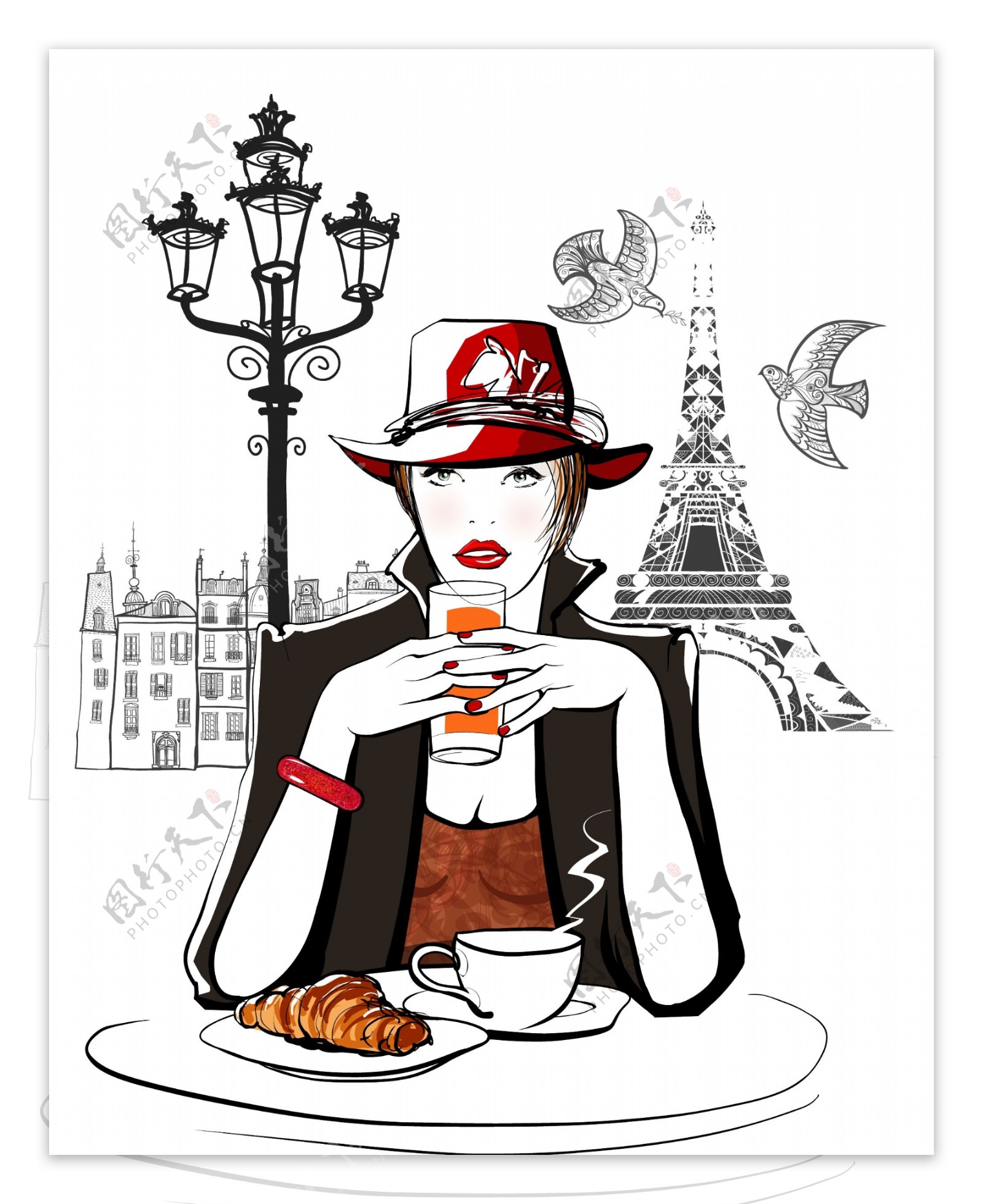 铁塔下喝咖啡的女人插画