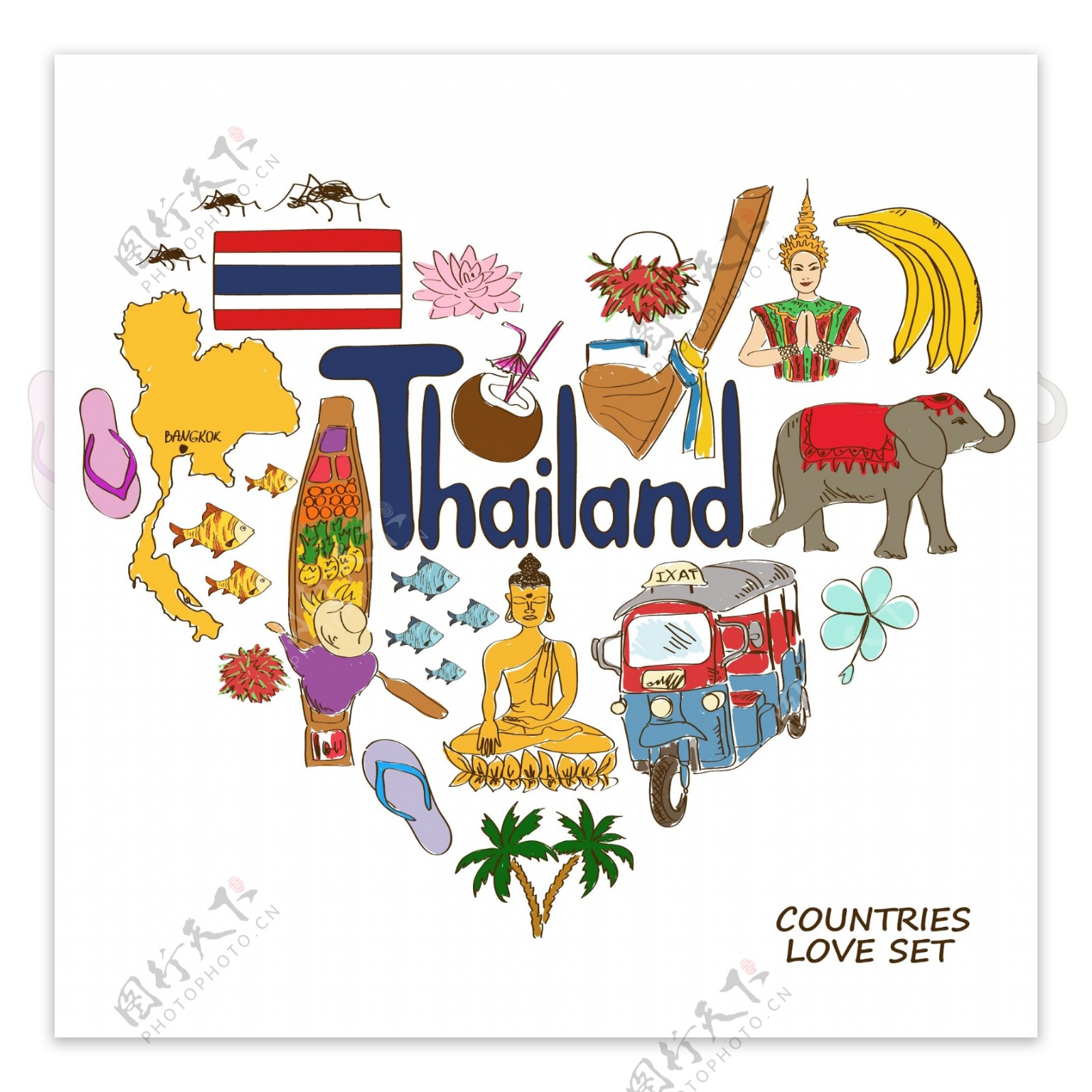 泰国旅行创意元素插画