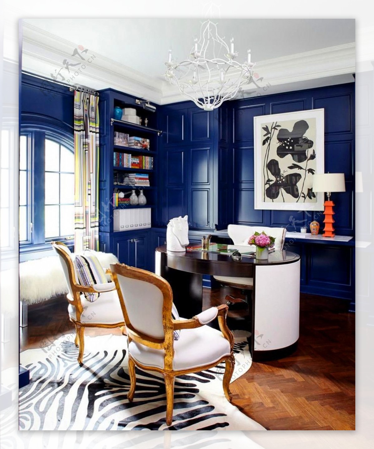 蓝色现代欧式房屋书房设计图