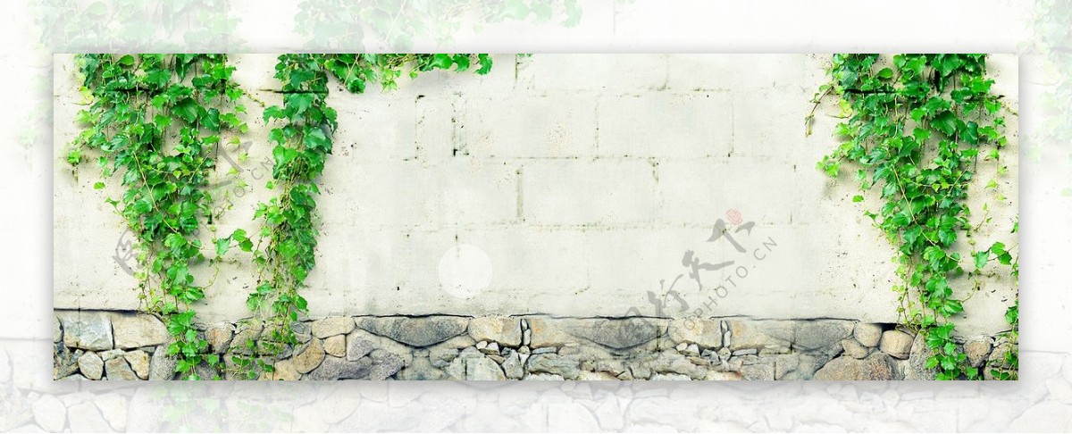 清新绿色植物砖墙淘宝全屏banner背景