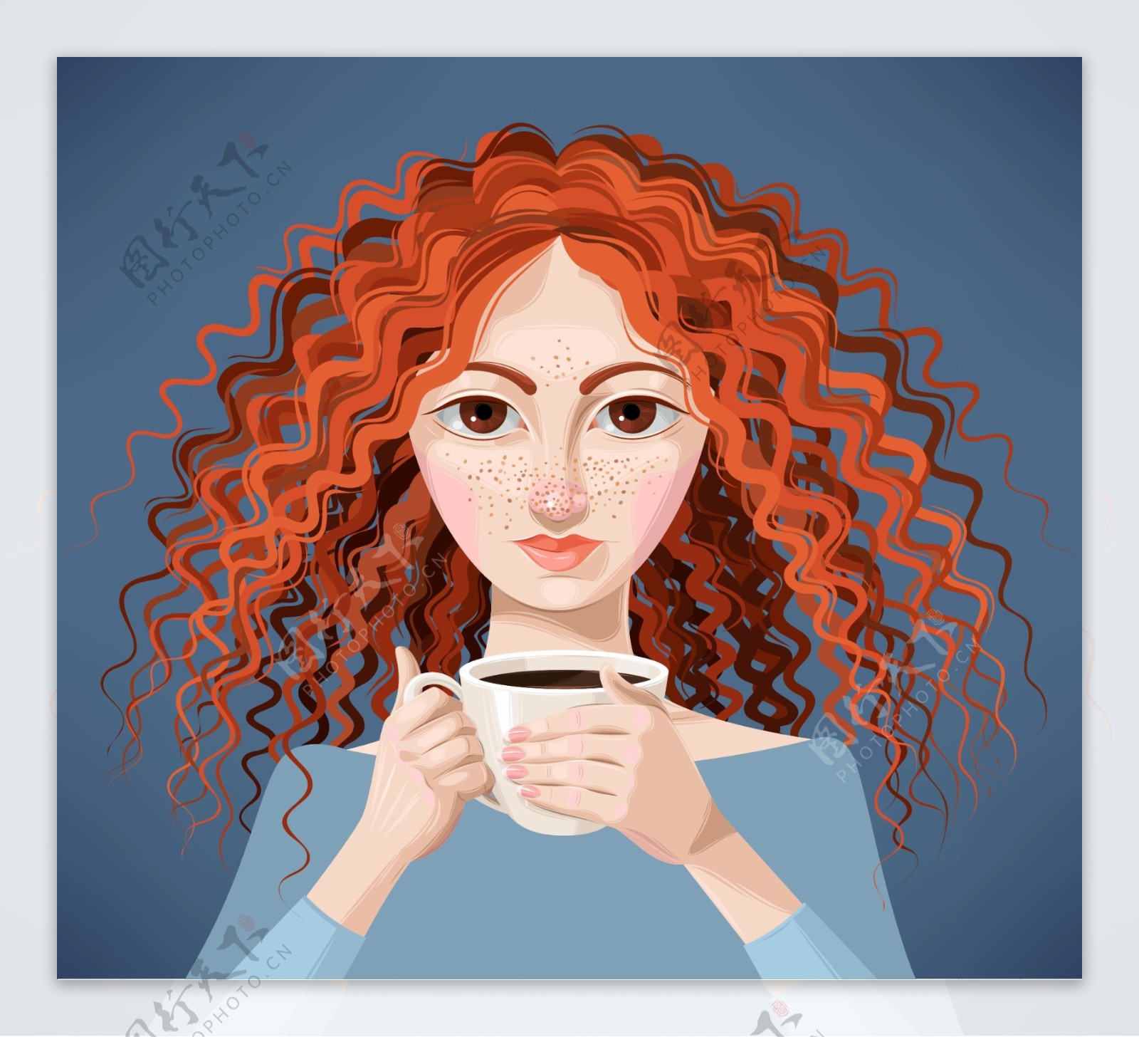 卡通喝咖啡的女人插画