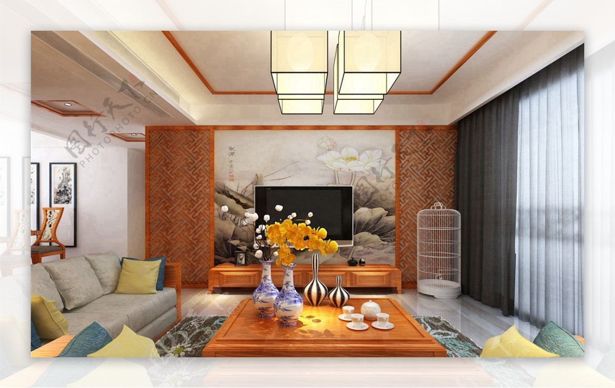 现代时尚亮色调橙色背景墙室内装修效果图