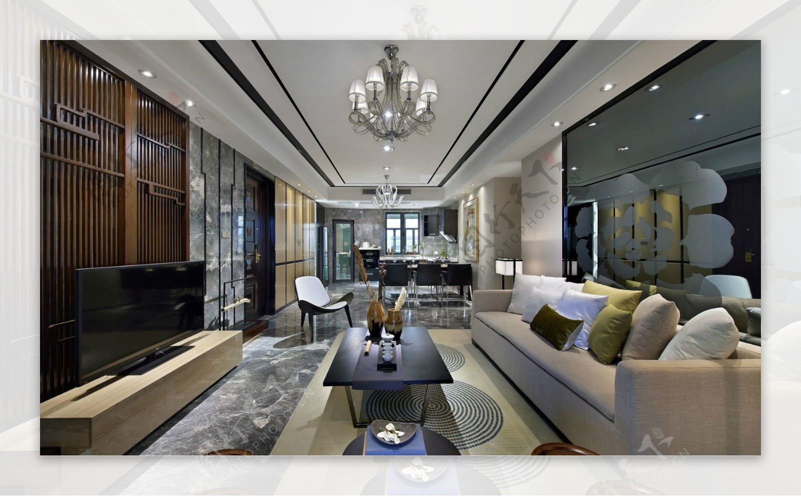 现代奢华客厅银色吊灯室内装修效果图