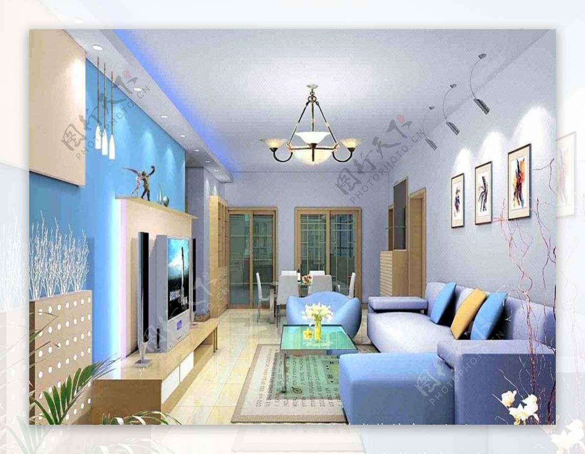 客厅蓝色墙面装修设计家装效果图